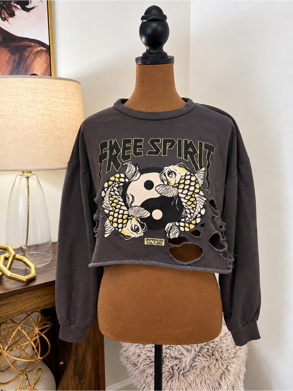 Free Spirit Koi Fish Yin Yang Distressed Cropped Sweatshirt